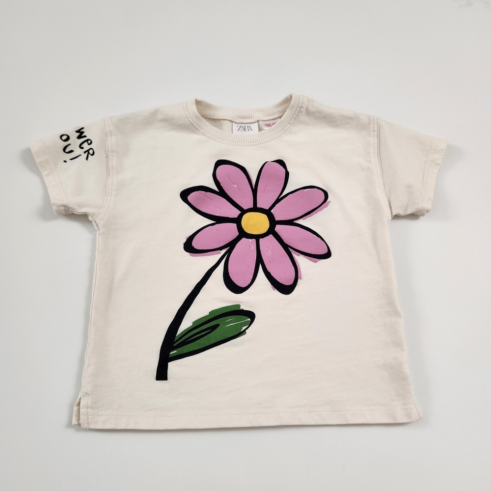 Zara Kids T Shirt Cream Flower Graphic Print Short Sleeve Top Size 2-3 Years